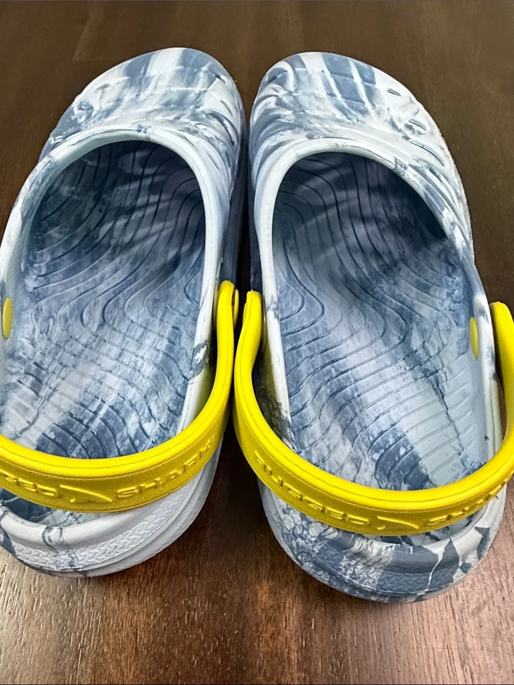 Kids Blue Marble Slip-On Sandals with Bright Yellow Heel Strap